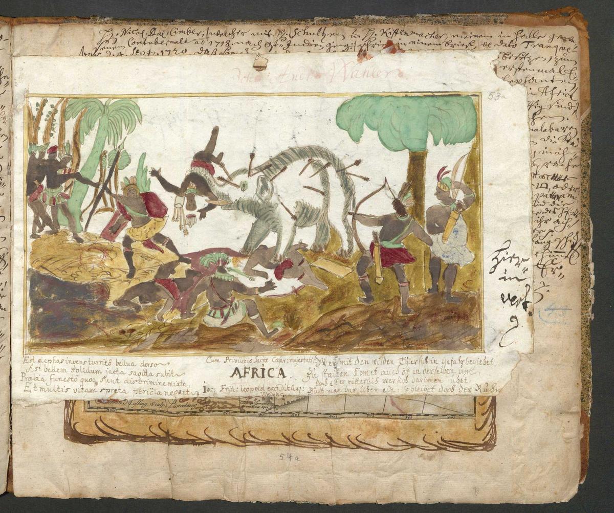 Sammelalbum von Heinrich Milde - Darstellung eines Kampfes von Afrikanern mit einem Elefanten