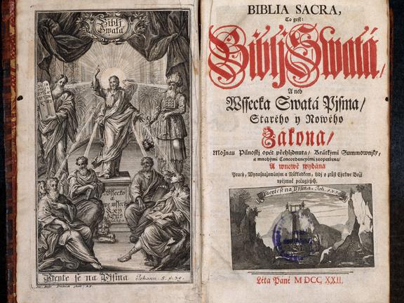 Frontispiz und Titelseite der 1722 in Halle gedruckten tschechischen Bibelausgabe
