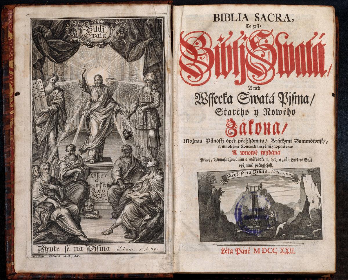 Frontispiz und Titelseite der 1722 in Halle gedruckten tschechischen Bibelausgabe
